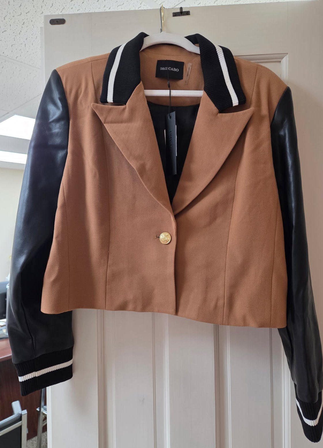 Rust Crop Blazer with Vegan Leather Sleeves
