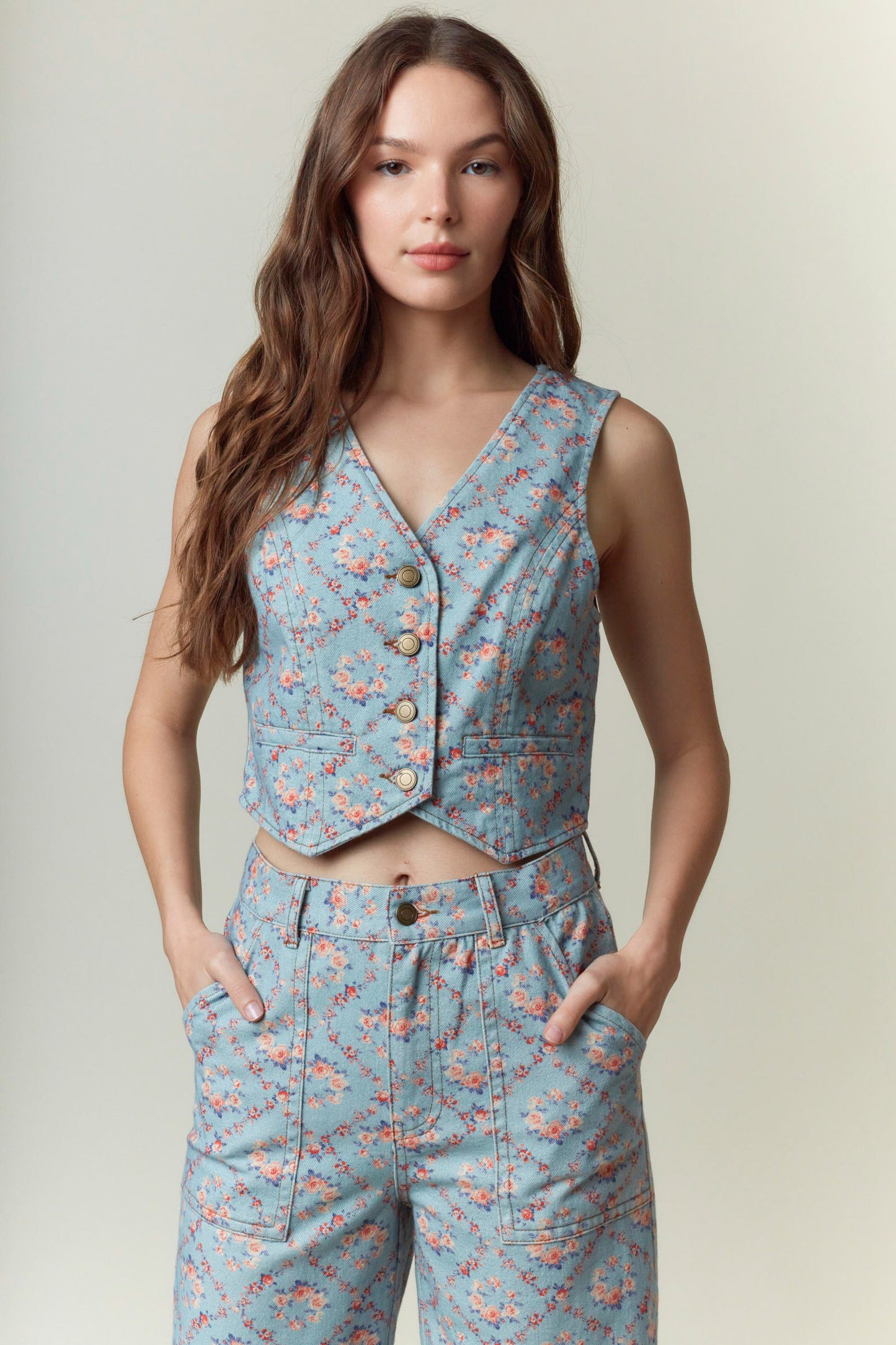 Lou Floral Print Denim Crop Vest