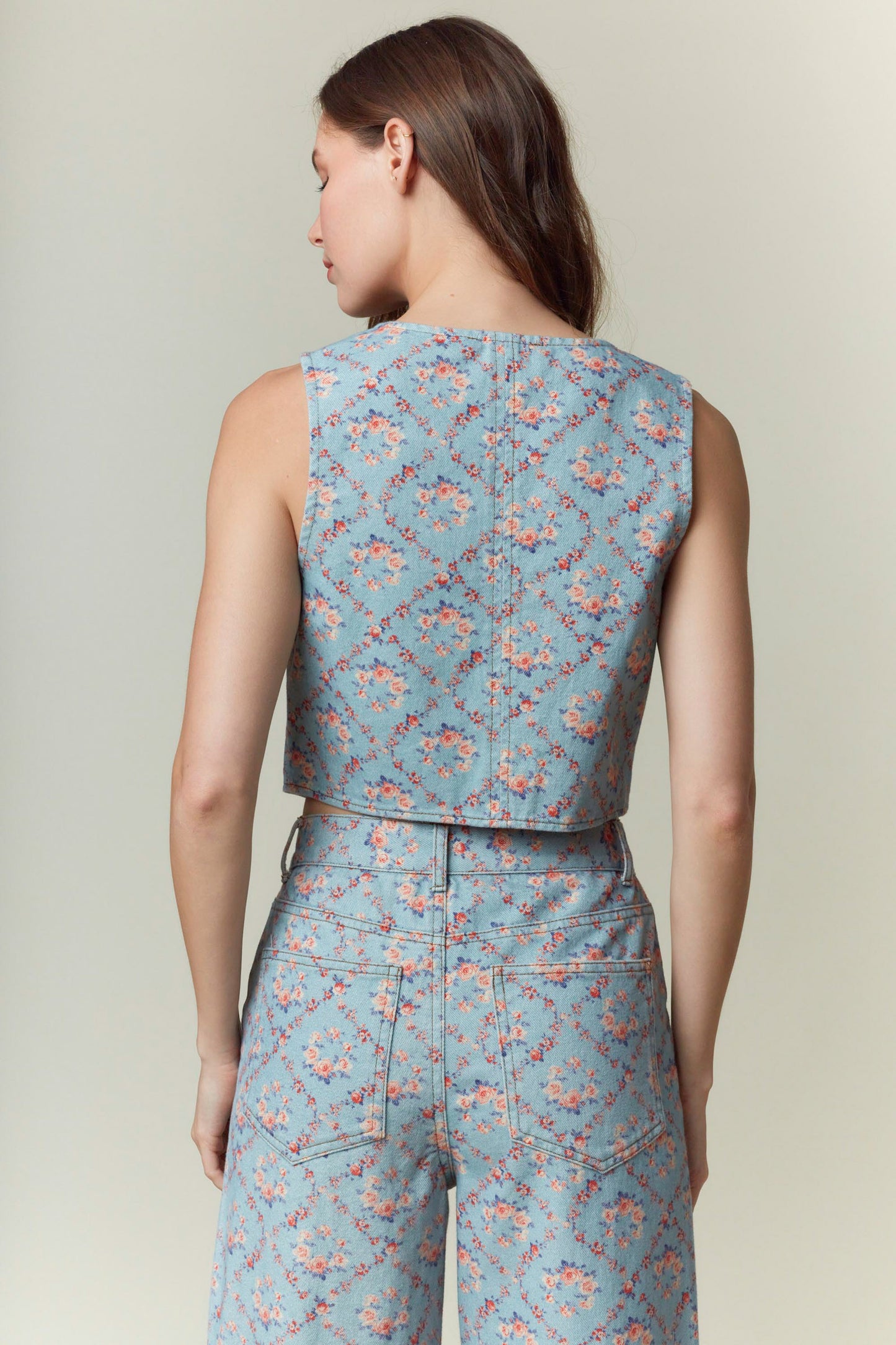 Lou Floral Print Denim Crop Vest