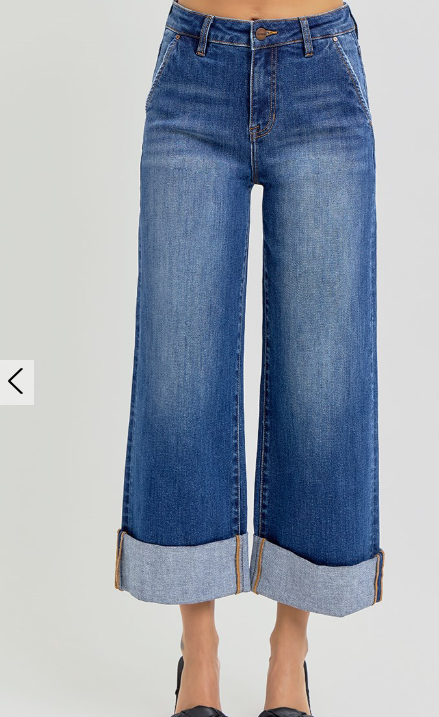 HIGH RISE ANKLE WIDE CUFFED JEANS