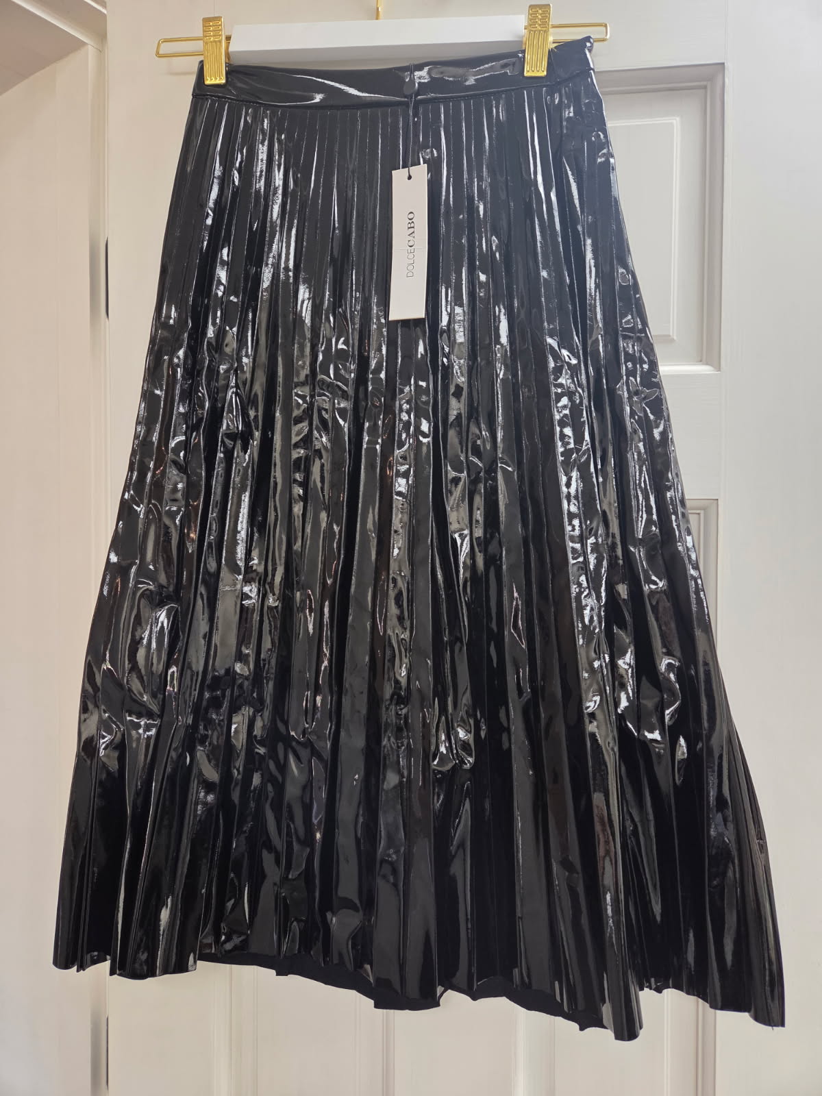 Vegan Leather Pleated Below Knee Skirt-Black