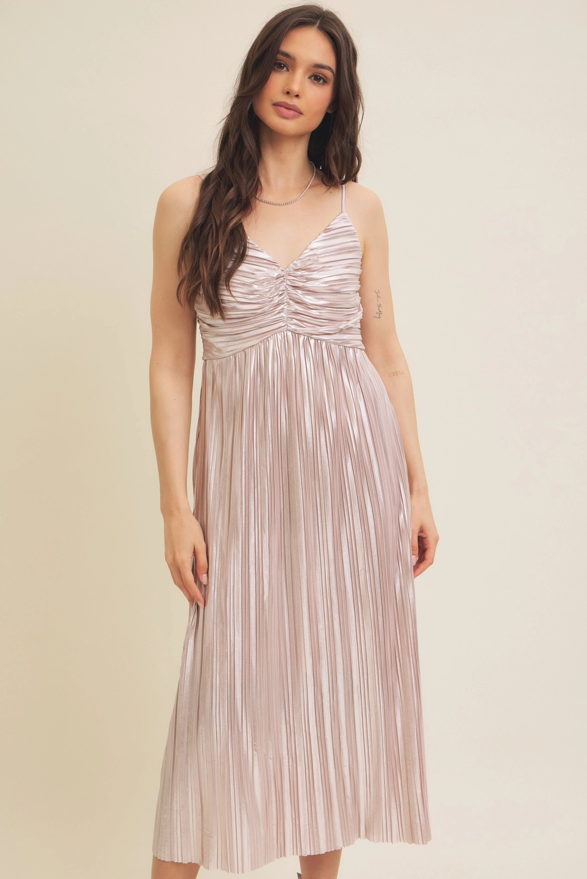 IF Shiny Metallic Pleated Midi Dress with Smocked Back