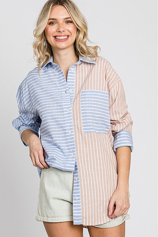 Blue & Brown Striped Button Down Top