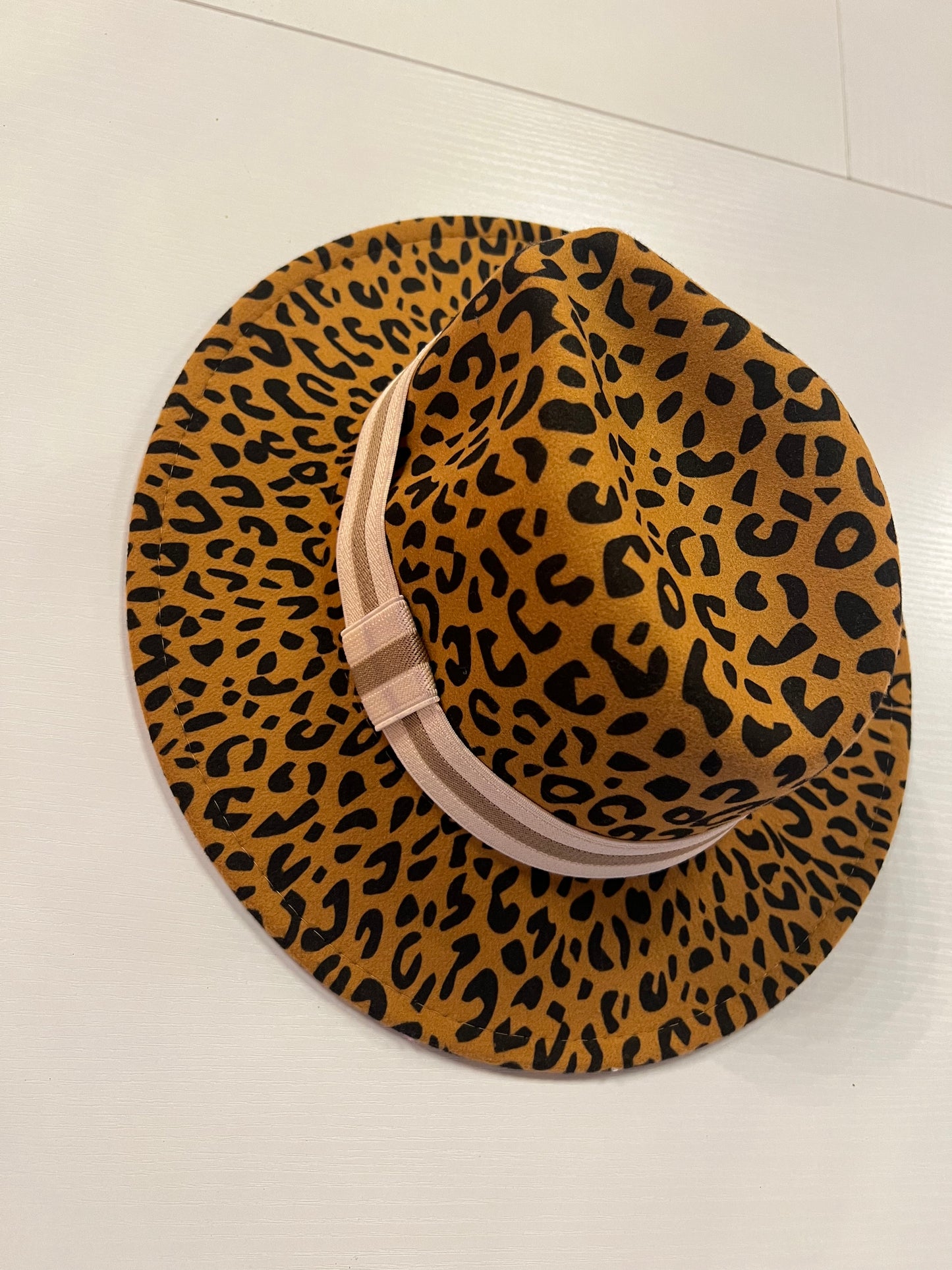 Leopard Print Beige Cream Belt Fedora Hat