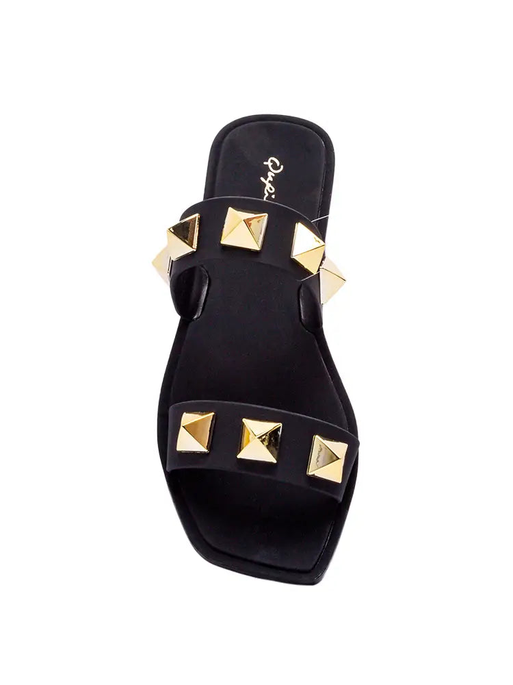 Studded Double Strap Flat Black Matte Sandals