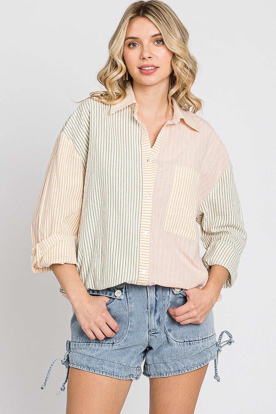 Olive Striped Button Down Top