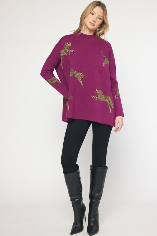 Plum Cheetah Print Mock Neck Sweater