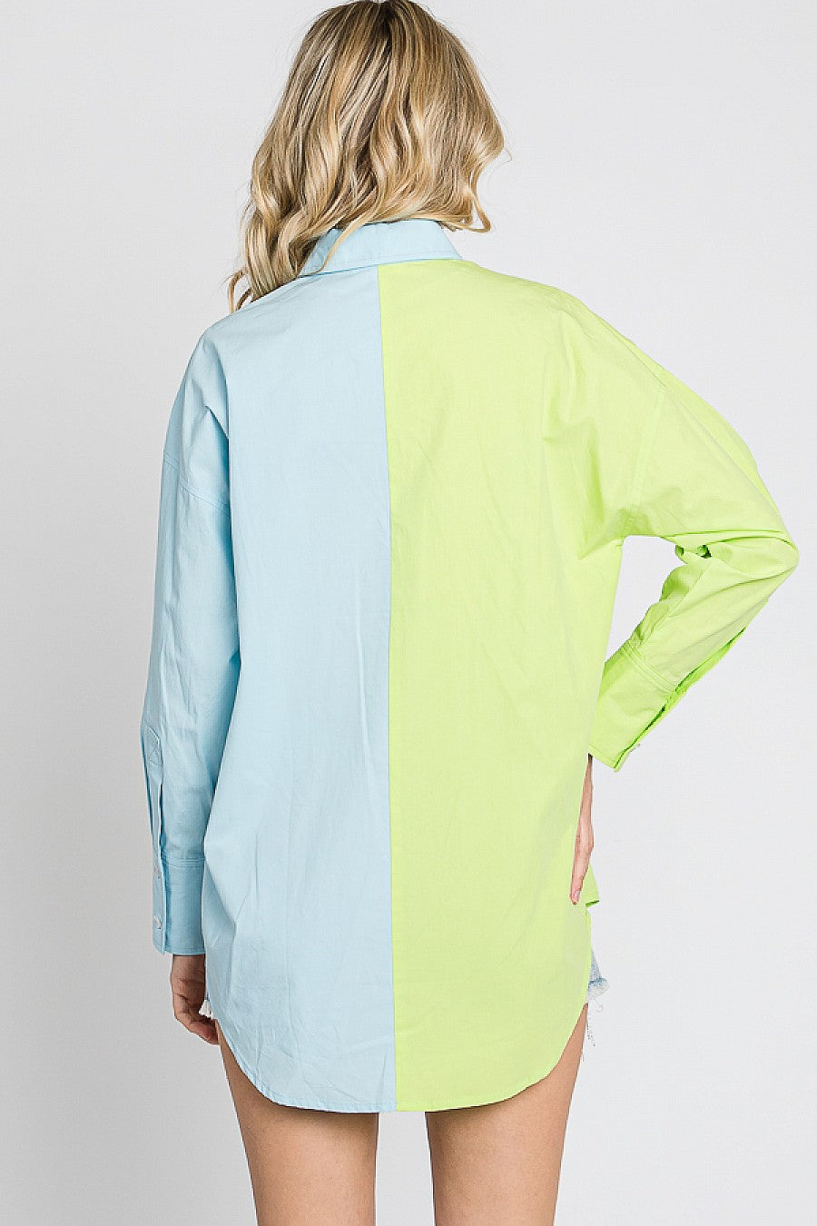 Neon Green & Sky Blue Color Block Button Down Top