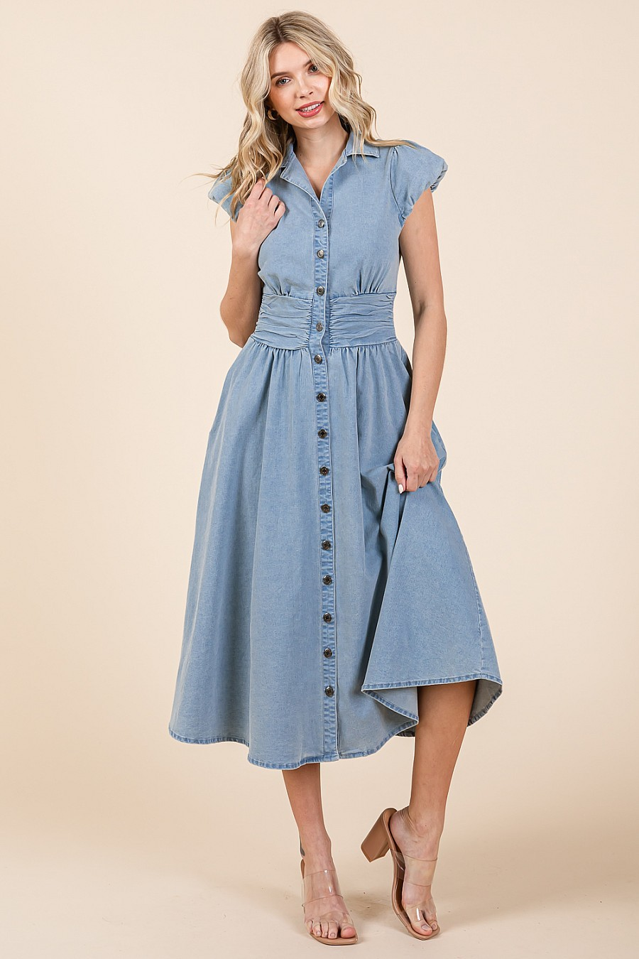 GG Denim Button-Up Midi Dress