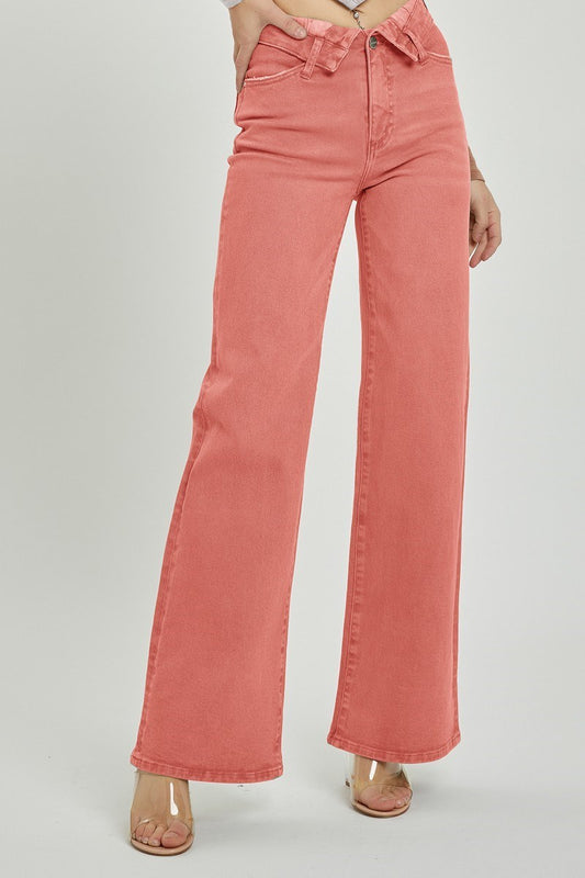 PEACH BLOSSOM MID RISE FLAP SLIM WIDE LEG PANTS