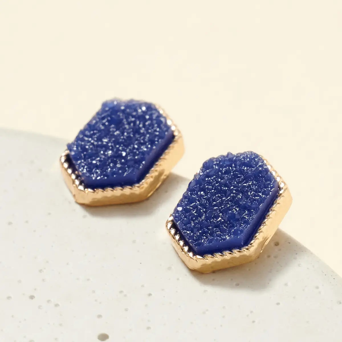 Hexagon Druzy Stone Stud Earrings- Blue