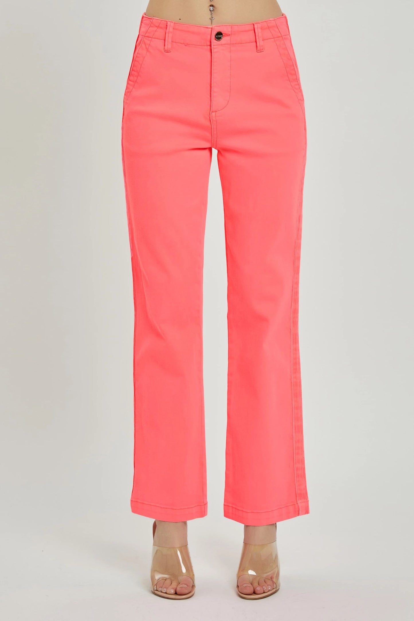 CORAL PINK HIGH RISE SIDE TWILL TAPE DETAIL STRAIGHT PANTS