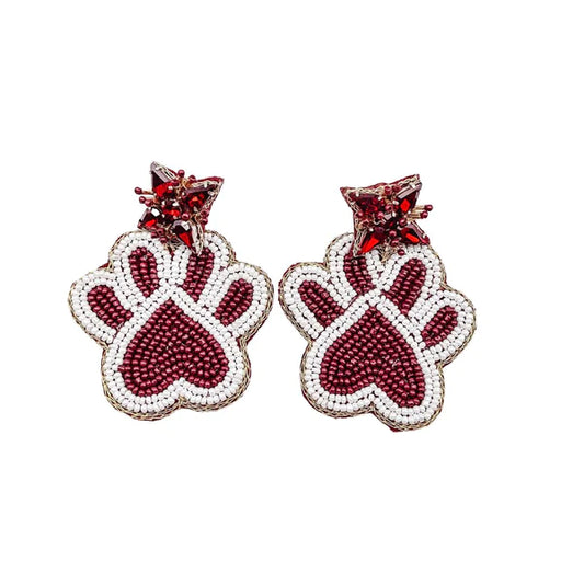 Maroon Paw Print Beaded Earrings