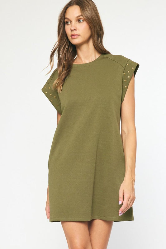 Olive short sleeve dress featuring stud detail at sleeves.