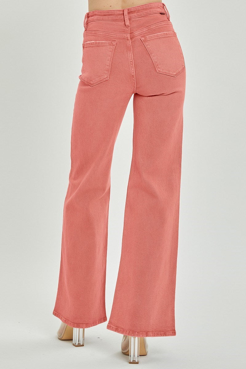 PEACH BLOSSOM MID RISE FLAP SLIM WIDE LEG PANTS