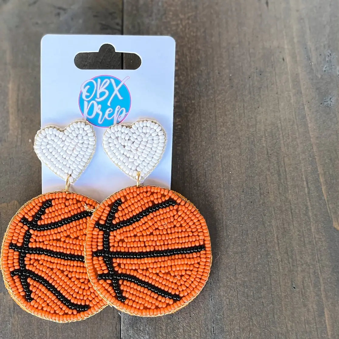 Basketball Heart Seed Bead Dangle Earrings