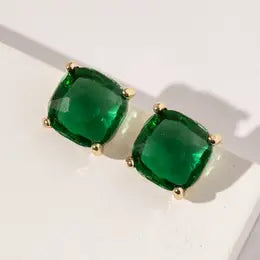 Rhinestone Square Stud Earrings- Emerald