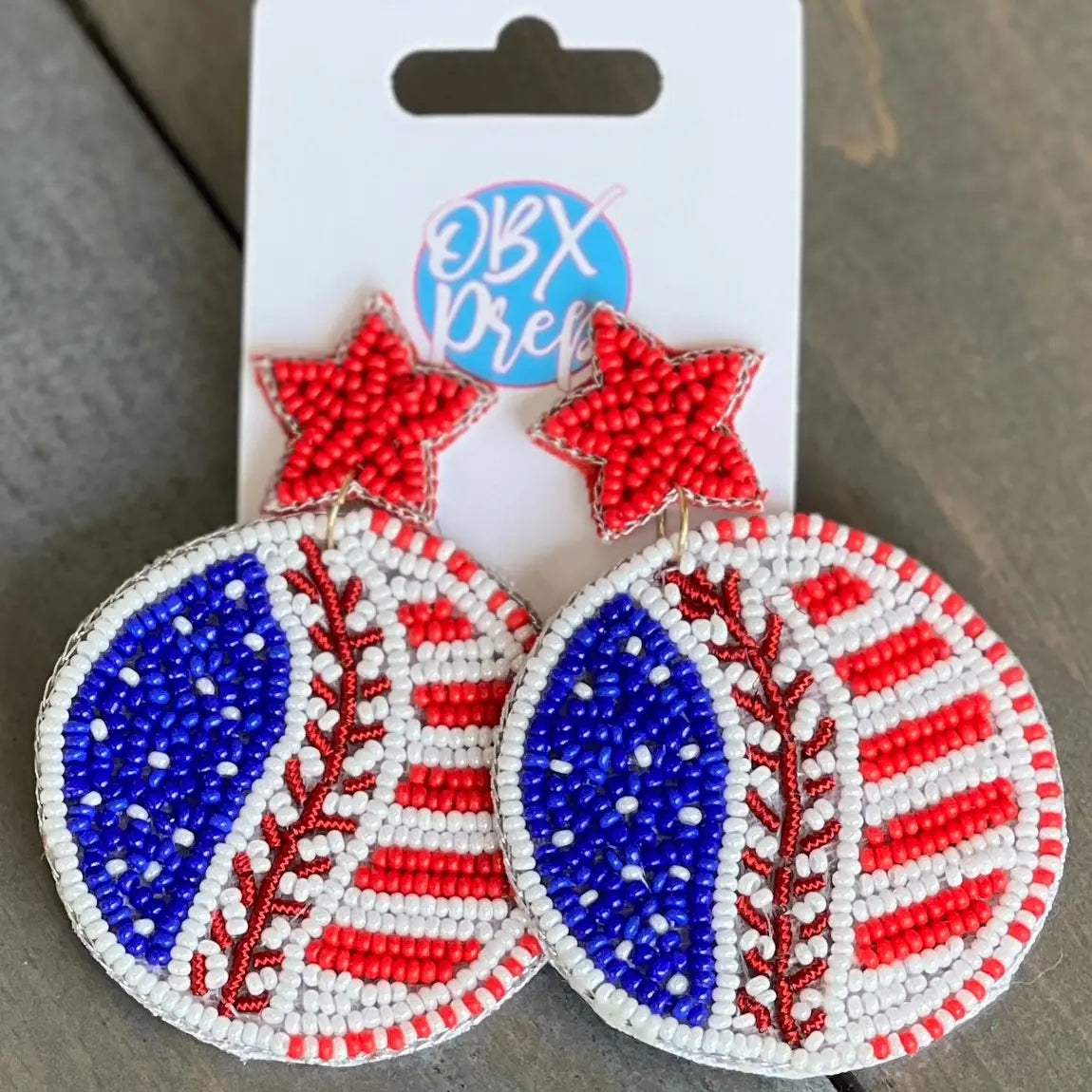 Patriotic Baseball Seed Beaded Dangle Earrings