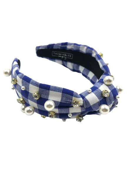 Dark Blue Gingham Headband with hand sewn Embellishments