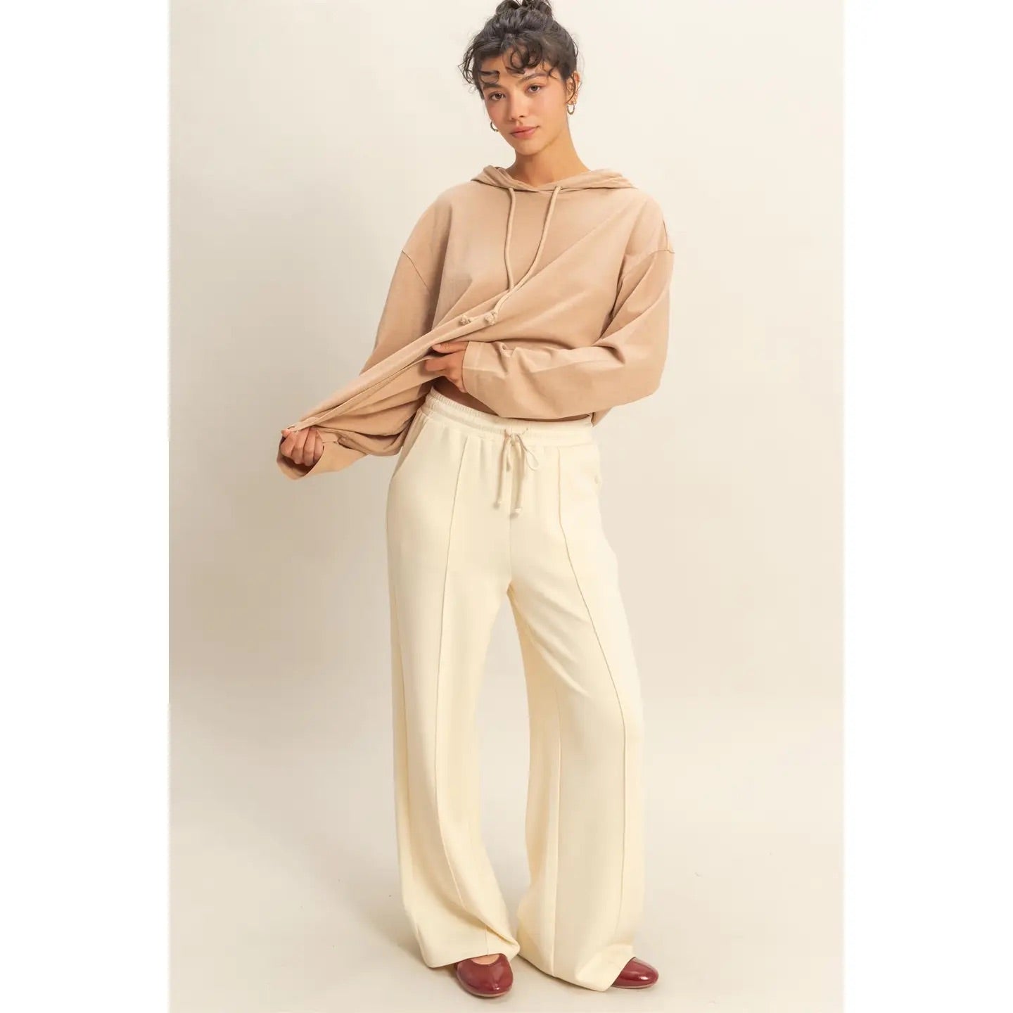 Double Knit High-Waist Drawstring Pintuck Wide Leg Pants
