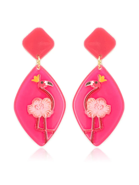 Pointed Oval Shape Flamingo Print Post Drop Acrylic Earrings