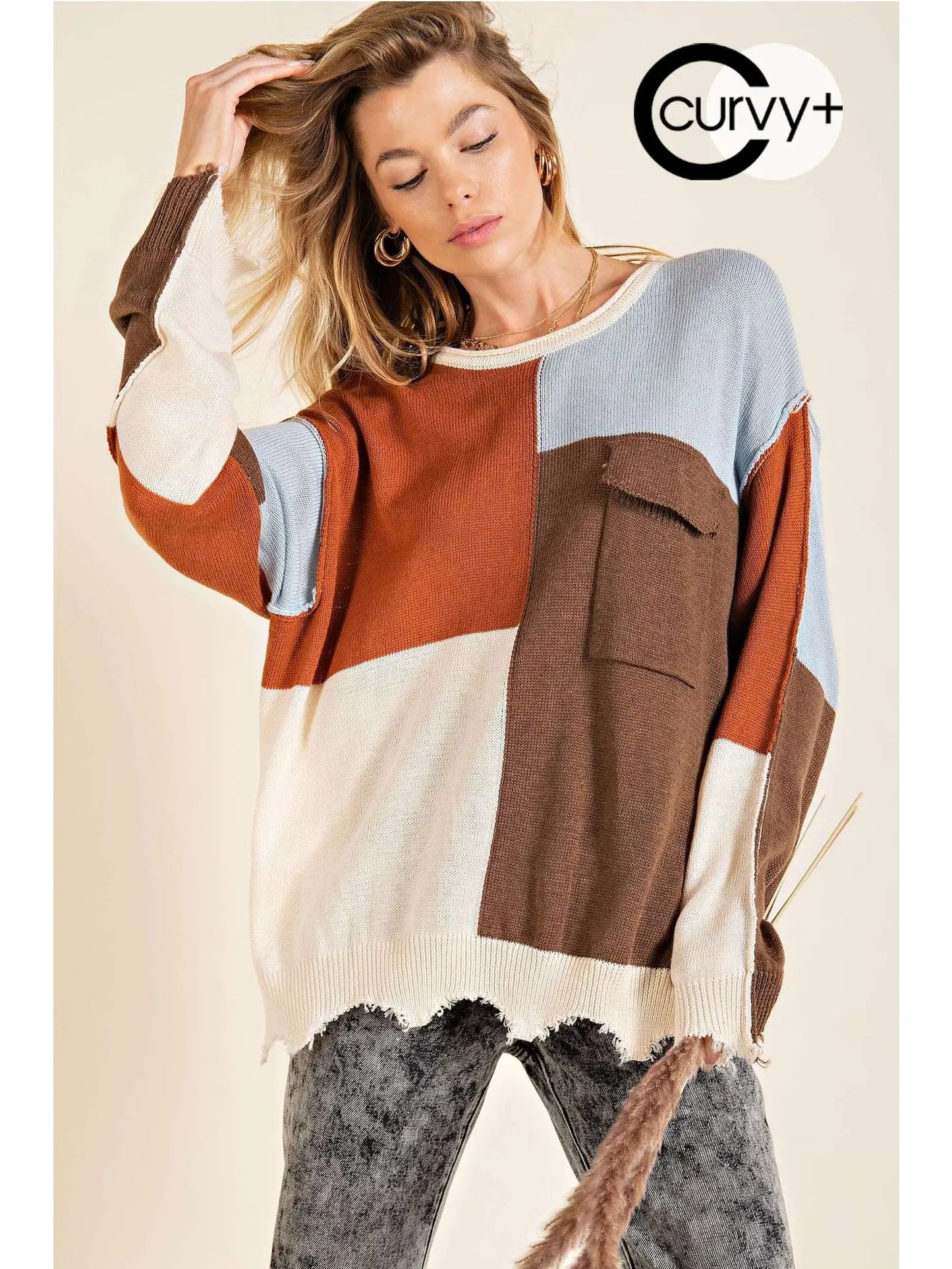 Distressed Color Block Sweater