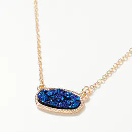 Oval Druzy Stone Charm Short Necklace-Blue