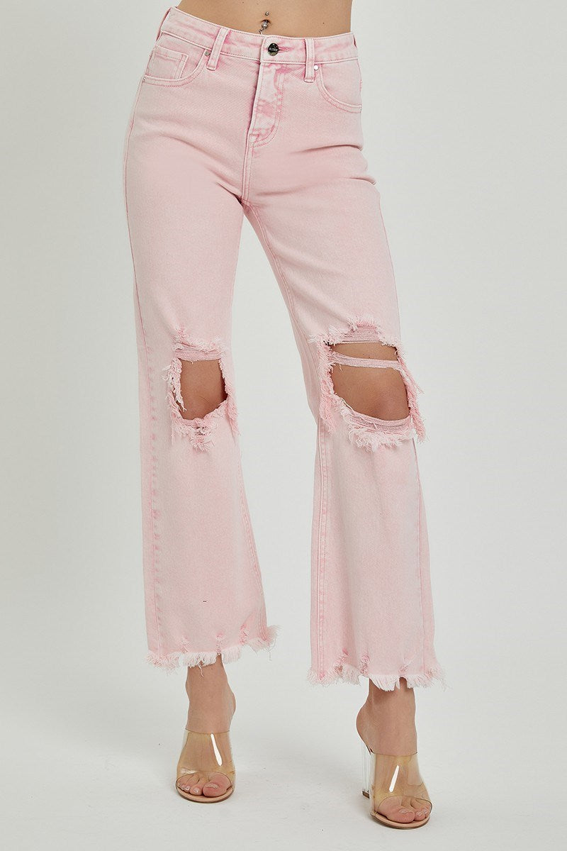 ACID PINK HIGH RISE KNEE DISTRESSED STRAIGHT PANTS