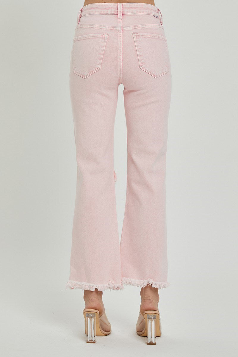 ACID PINK HIGH RISE KNEE DISTRESSED STRAIGHT PANTS