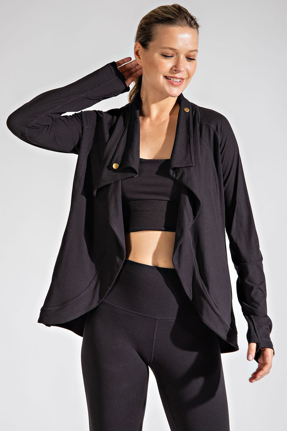 ASYMMETRIC BLACK JACKET WITH COWL NECK