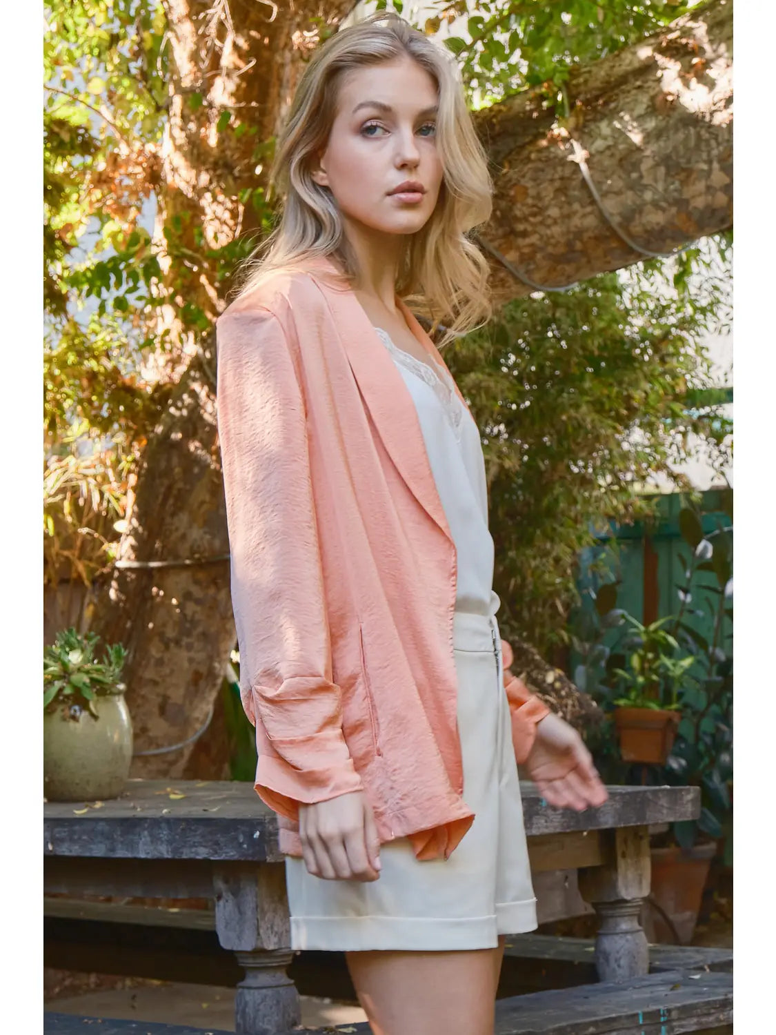 Peach Silky Crinkle Woven Blazer