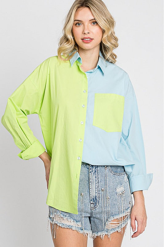 Neon Green & Sky Blue Color Block Button Down Top