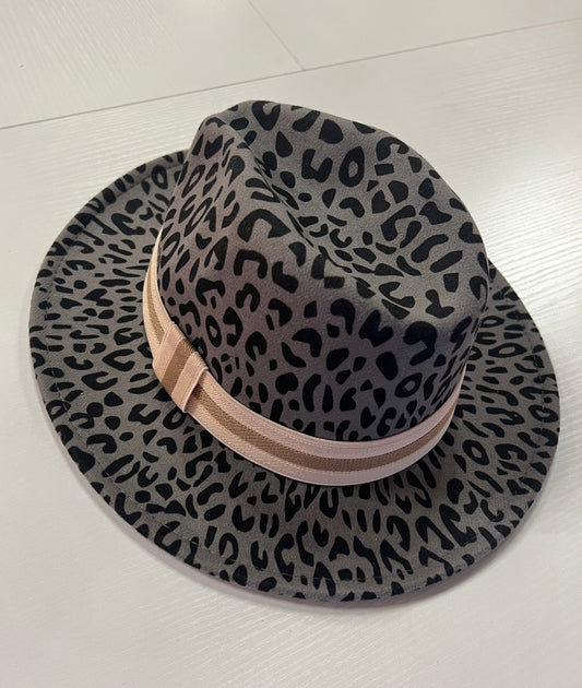 Leopard Print Beige Cream Belt Fedora Hat