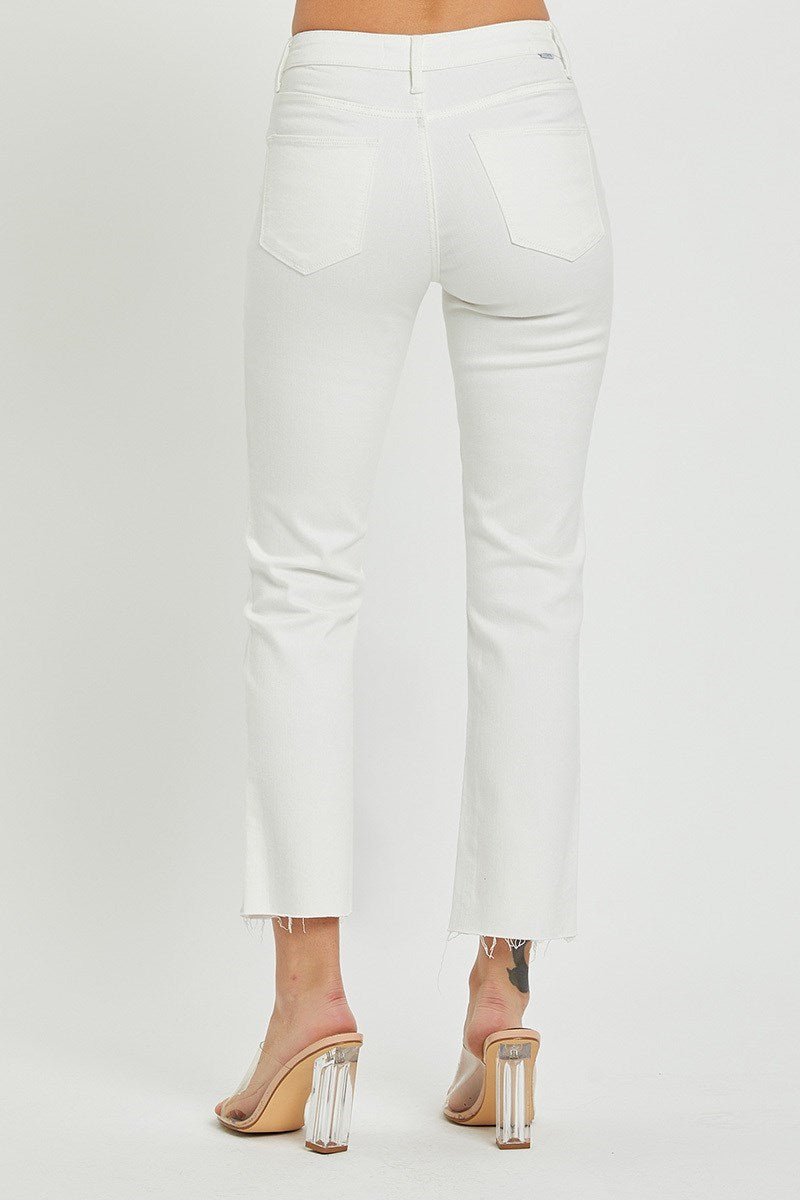 WHITE MID RISE TUMMY CONTROL RAW EDGE HEM STRAIGHT PANTS