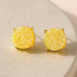 Round Druzy Stone Stud Earrings-Yellow