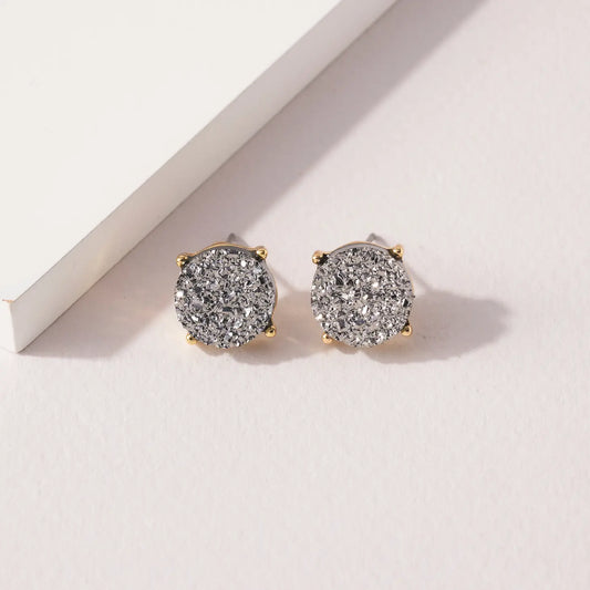 Round Druzy Stone Stud Earrings-Silver