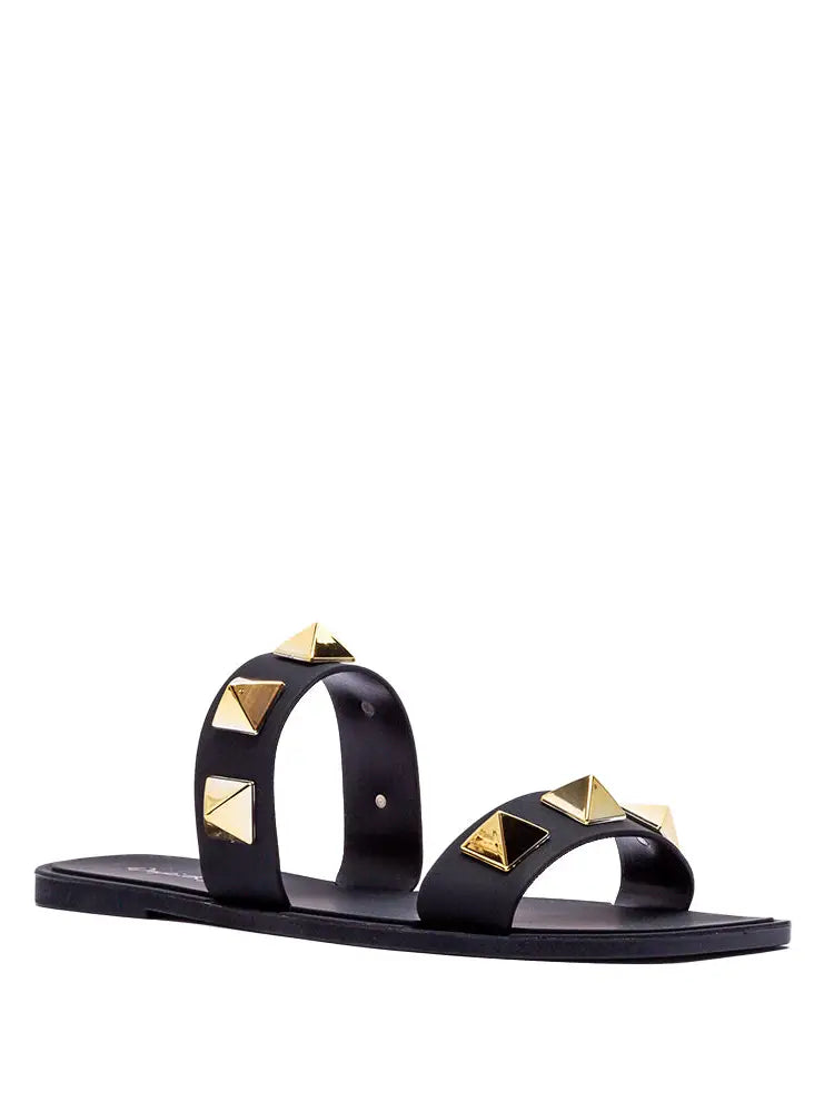 Studded Double Strap Flat Black Matte Sandals