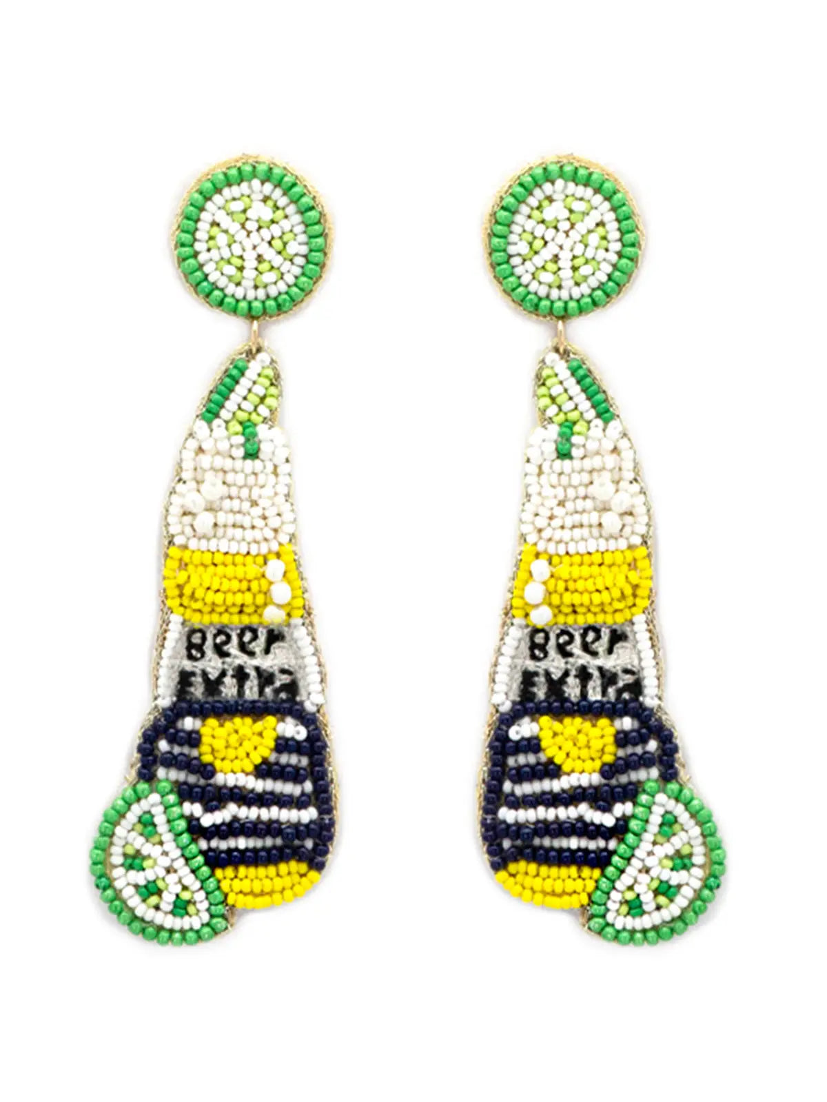 Seed Bead Beer Bottle with Lime Fabric Post Drop Earrings