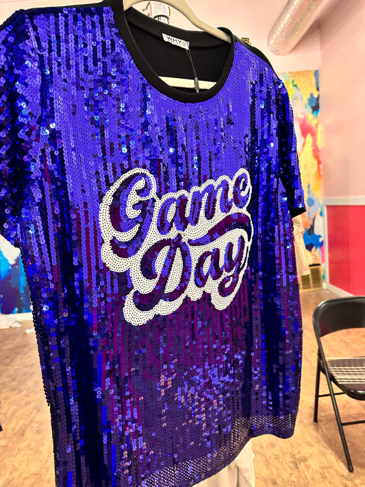 Game Day Blue/White Sequin Top