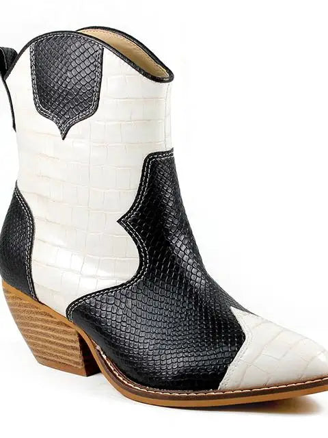 Black and White Cowboy Stacked Heel Western Booties