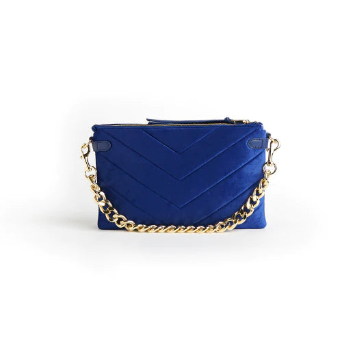 Blue Velvet Envelope Bag with Gold Chain