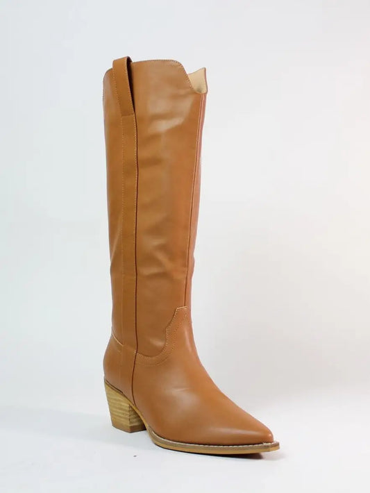 Tan Block Western Cowboy Knee High Boots