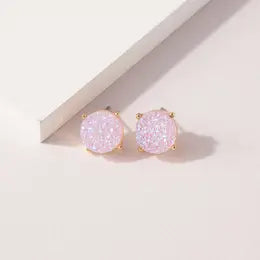 Round Druzy Stone Stud Earrings-pink