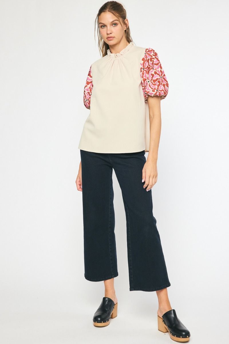 Solid mock neck puff sleeve top