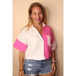 Pink/White Button V neck top