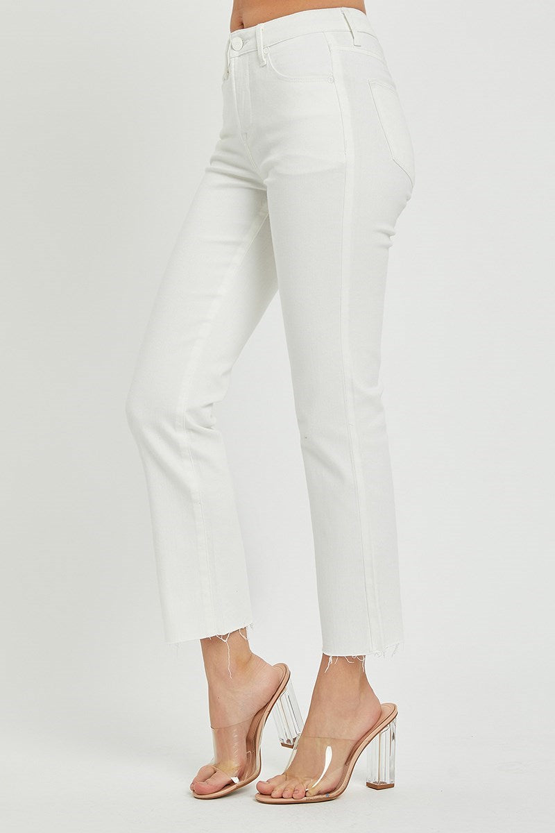 WHITE MID RISE TUMMY CONTROL RAW EDGE HEM STRAIGHT PANTS