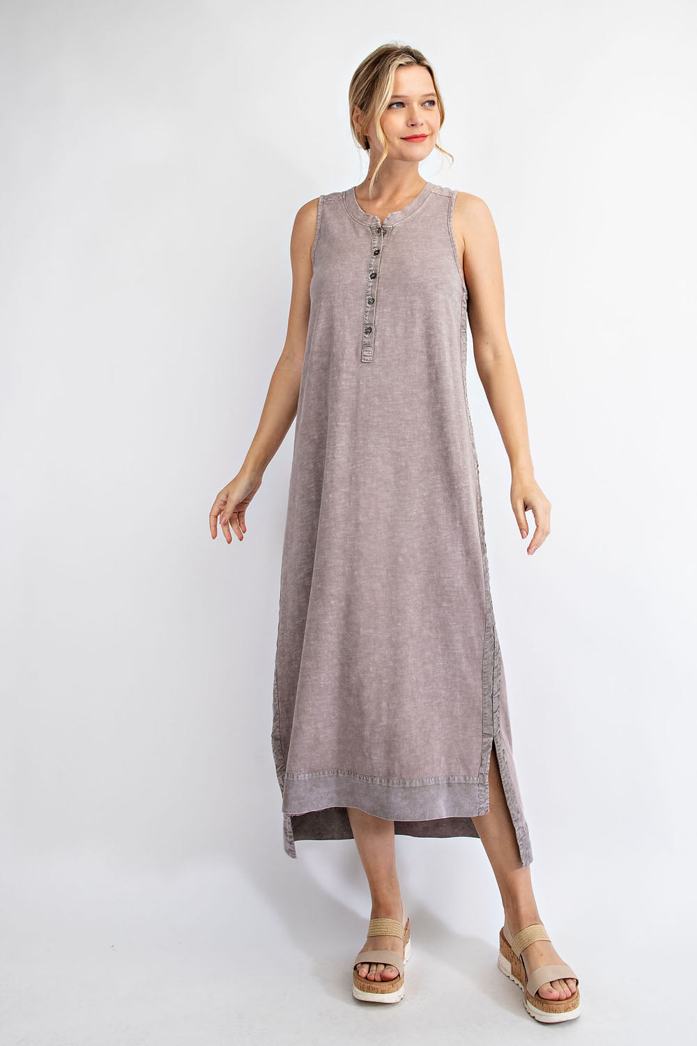 MOCHA COTTON MINERAL WASHED MAXI DRESS