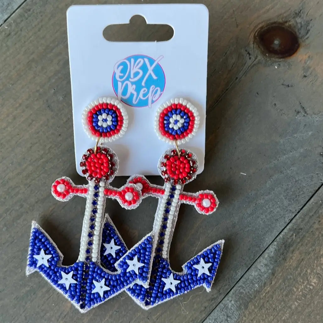 Handmade Patriotic Red White and Blue Anchor Earrings