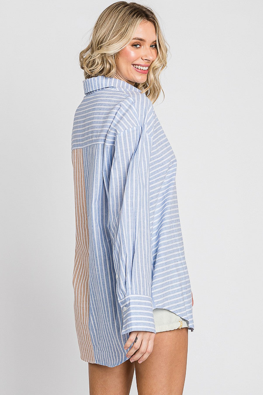 Blue & Brown Striped Button Down Top