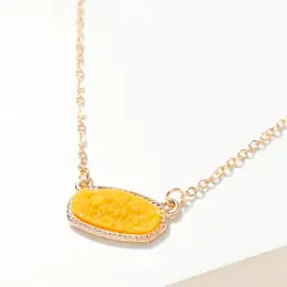 Oval Druzy Stone Charm Short Necklace-Yellow